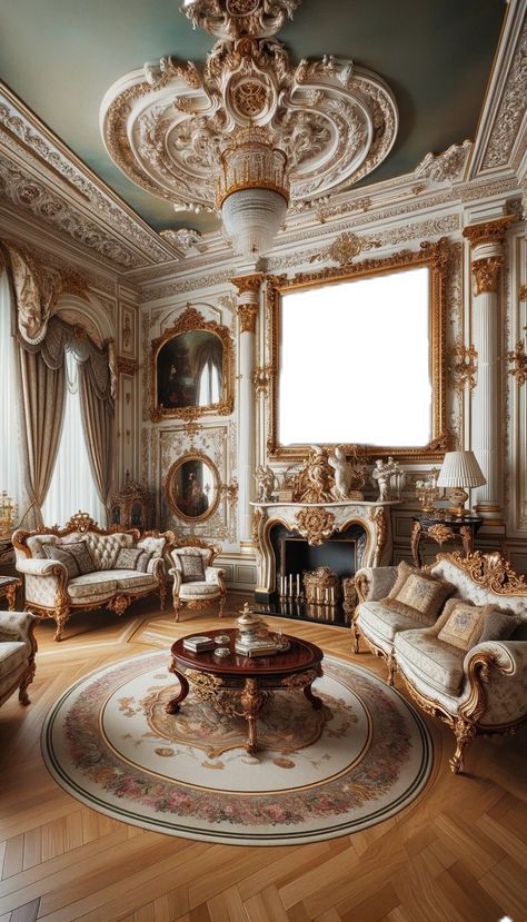 a living room filled with furniture and a painting, lavish rococo baroque setting, ornate furniture, rococo and baroque styles, elegant and ornate, neoclassical style, victorian room, exquisitely ornate, elegant interior, neo - classical style, marble room, extremely opulent, luxurious environment, white elegant baroque design, interior of a victorian house, inside a grand ornate room #ElegantInteriors #RococoRevival #BaroqueBeauty #NeoclassicalNest #VictorianVibes #MarbleMagnificence Baroque Aesthetic Bedroom, French Retro Interior, Old French Interior Design, Baroque Interior Design Modern, Regency Decor Interior Design, Rococo Style Interior Design, French Rococo Aesthetic, Victorian House Inside, Baroque Office