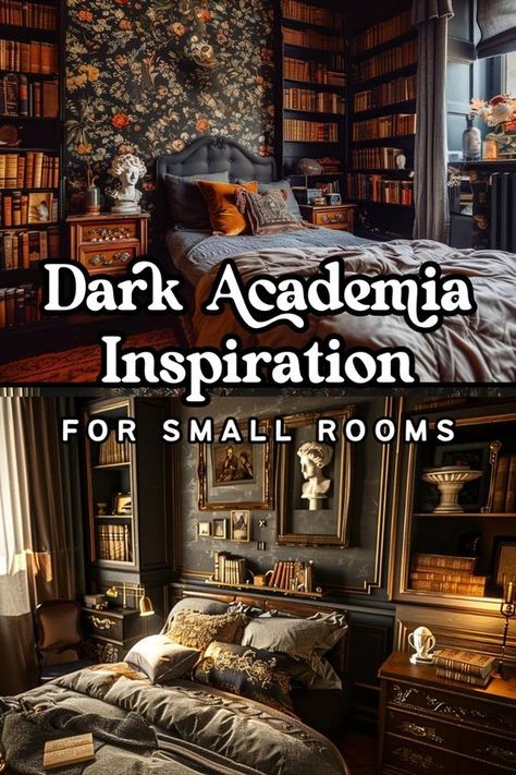 Can the dark academia aesthetic work in a small bedroom? Will the dark color palette make the room feel cramped? When it comes to small spaces, should dark decor be avoided at all costs?  Well, in my opinion, darkness in a small room is a GOOD THING!  In this post, I’m sharing some small bedroom ideas for the dark academia decor look, and explaining why the whole “dark colors make a room feel smaller” thing is a myth. 😉🖤  So if you live in a small apartment with a small bedroom area and you love dark academia, read on! Dark Academia Bedroom Ideas, Academia House, Dark Academia Bedroom, Dark Academia Interior, Dark Academia Home, Academia Bedroom, Dark Academia Room, Academia Room, Dark Decor