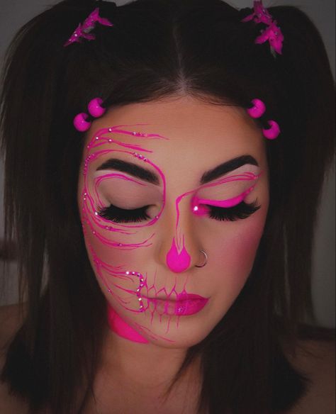 Catrinas Neon Makeup, Pink Skeleton Makeup, Neon Skeleton Makeup, Pink Skull Makeup, Hispanic Makeup, Halloween Skeleton Makeup, Fantasy Party, Crazy Costumes, Cute Halloween Makeup