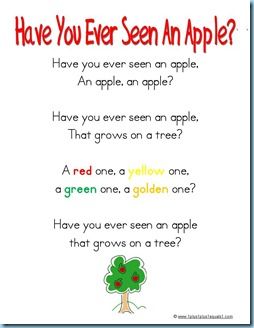 Something Special ~ Apple Songs for Music Time - 1+1+1=1  Bingo and Have You Ever Seen A Lassie tunes!  Fun! Apple Songs, Apple Lesson Plans, Apple Song, Preschool Apple Theme, September Preschool, Apple Lessons, Circle Time Songs, Apple Preschool, Classroom Songs