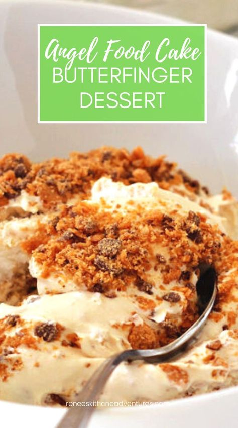 A bowl of butterfinger dessert with spoon, ready to eat. Butterfinger Dessert Angel Food, Angle Food Cake Dessert, Light Desserts Easy, Butterfinger Dessert Recipes, Butterfinger Dessert, Angel Food Trifle, Angel Food Cake Trifle, Butter Finger Dessert, Easy Thanksgiving Dessert Recipes