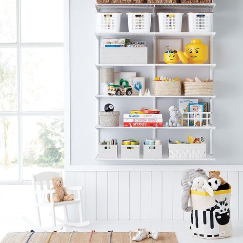 Elfa Classic 4' Kids Playroom Shelving | The Container Store Playroom Shelving, Playroom Shelves, Hanging Drawers, Elfa Shelving, Sunset Road, Basement Playroom, Activity Room, Shelving Solutions, Playroom Ideas