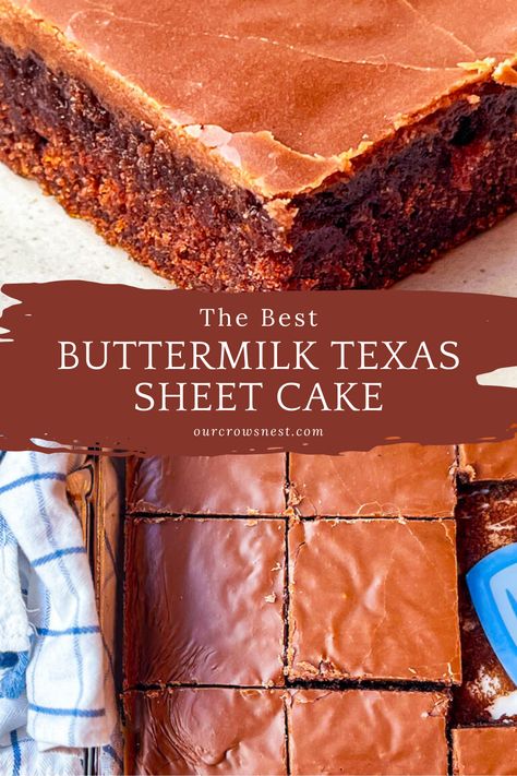 This Chocolate Buttermilk Texas Sheet Cake Recipe is the perfect dessert for any occasion. Birthday parties, family gatherings, or even your local church potluck will enjoy this classic southern dessert!   Moist crumbs packed with chocolate flavor and topped with the most delightful warm chocolate fudge frosting you’ll ever have. Southern Chocolate Desserts, Texas Dessert Recipes, Buttermilk Sheet Cake, Buttermilk Brownies With Frosting, Southern Cake Recipes, Texas Sheet Cake Without Buttermilk, Buttermilk Chocolate Cake Recipe, Buttermilk Dessert Recipes, Chocolate Buttermilk Sheet Cake