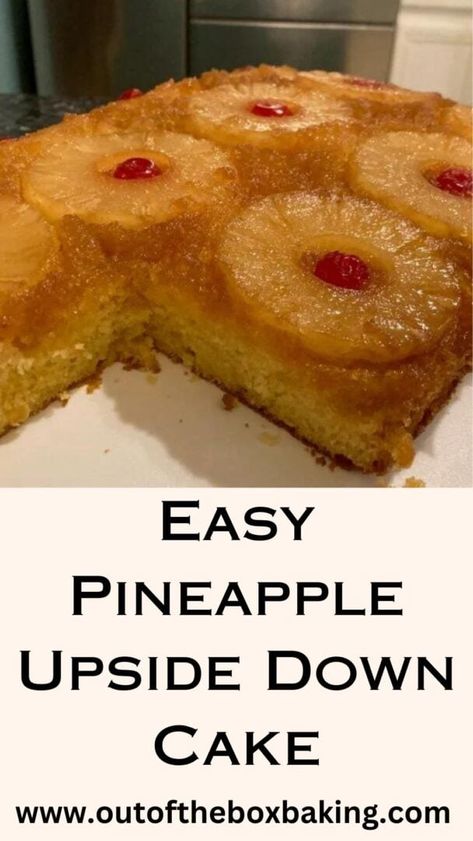 It's so easy to turn a yellow cake mix into this easy Pineapple Upside Down Cake! One can of sliced pineapple rings, 1 cup of brown sugar, some maraschino cherries, and the usual ingredients for a boxed cake mix. . .and you're good to go. Talk about an easy dessert! Easiest Pineapple Upside Down Cake, Pineapple Upside Down Cake From Box Cake, Pineapple Upside Down Cake Easy, Pineapple Upside Down Cake Box Recipe, How To Make Pineapple Upside Down Cake, Yellow Cake Pineapple, Pineapple Upside Cake With Box Cake, Pineapple Upside Down Cake Mix Recipe, Cake Mix Pineapple Cake