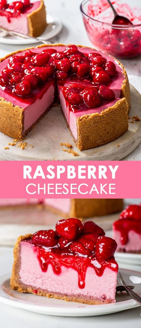 Best Raspberry Cheesecake, Cheesecake For Valentines Day, Baked Cheesecake Flavours, Raspberry Cheesecake Filling, Cheesecake Recipes Berry, Mothers Day Cheesecake Ideas, Best Raspberry Cheesecake Recipe, Raspberry Desserts Aesthetic, Raspberry Glaze For Cheesecake