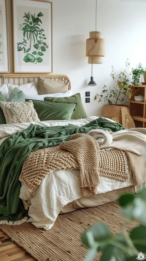 Bedroom Ideas Sage Green And White, Green Bedroom Mood Board, Sunny Bedroom, Nordic Bed, Stile Boho Chic, Earthy Bedroom, Green Bedroom, Cozy Room Decor, Boho Room