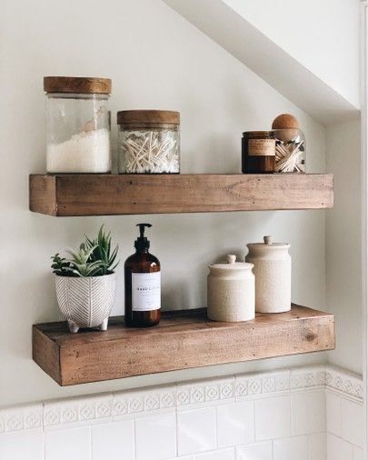 Decor For Bathroom Shelves Wall Shelves, Guest Bathroom Floating Shelves, Two Shelf Bathroom Decor, Bathroom Open Shelf Decor, Floating Shelves Bathroom Above Toilet Wood, Above Bath Shelf, Bathroom Shelf Decor Ideas Modern, Modern Bathroom Shelf Decor, Bathroom Floating Shelves Above Bathtub