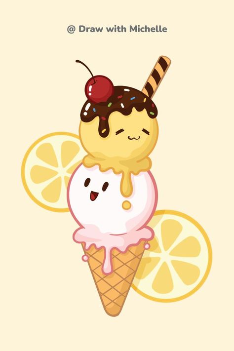 Learn how to draw a simple, cute Ice Cream with Chocolate topping in a fun and easy way. This is a Kawaii Ice Cream. @drawwithmichelle Ice Cream Digital Art, Cute Ice Cream Illustration, Ice Cream Doodle Art, How To Draw Ice Cream, Kawaii Ice Cream Drawing, Cute Digital Drawings, Ice Cream Cartoon Cute, Cute Ice Cream Drawings, Ice Cream Illustration Design