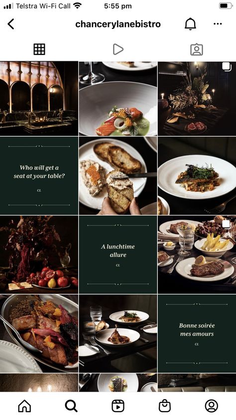 Fine Dining Social Media Design, Fine Dining Instagram Feed, Restaurant Feed Ideas, Food Photography Mood Board, Steakhouse Instagram Feed, Instagram Grid Restaurant, Restaurant Feed Design, Luxury Restaurant Instagram Feed, Aesthetic Food Instagram Feed