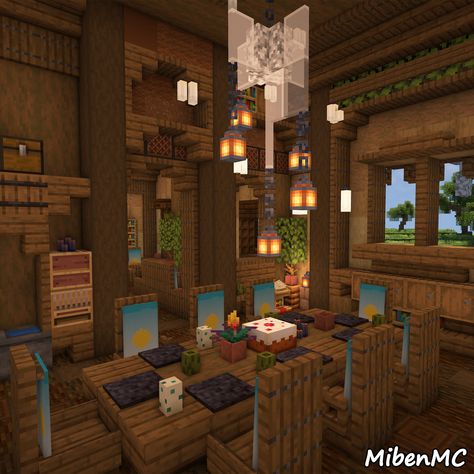 A Minecraft Medieval Fantasy Inn with full interior! Also includes several custom Tree designs. Download this build on my Patreon via the link! Castle Interior Design Minecraft, Minecraft House Interior Kitchen, Minecraft Tree House Interior, Minecraft Fantasy Interior Design, Loft Minecraft, Dining Room Minecraft Ideas, Minecraft Tower Interior Design, Fantasy Interior Minecraft, Minecraft Medieval Interior Ideas