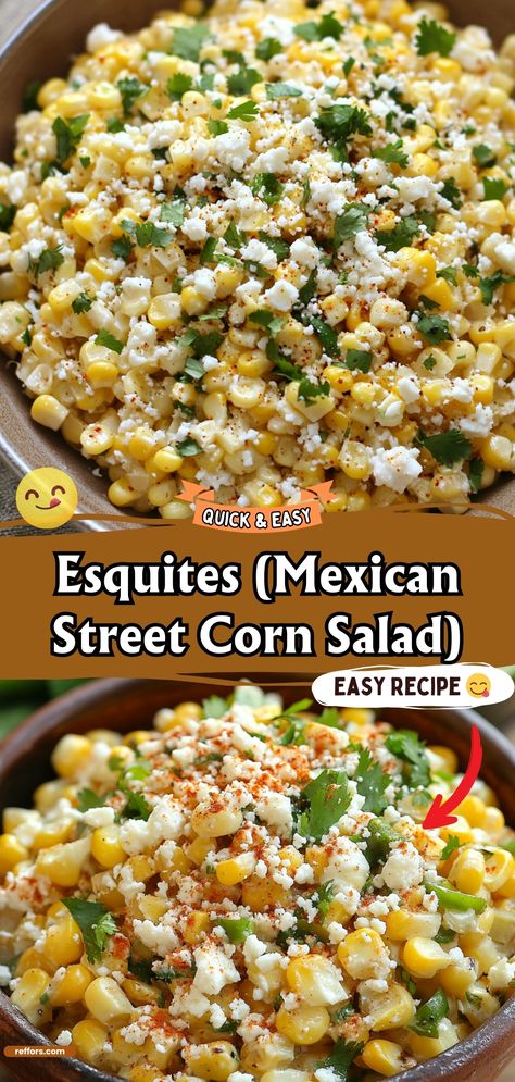 Experience the zesty and creamy goodness of Esquites, a Mexican Street Corn Salad that's bursting with flavors of lime, cotija cheese, and a touch of chili. A perfect side for any fiesta! #MexicanStreetCorn #Esquites #FiestaFlavors Cojita Corn Salad, Cotija Corn Salad, Tostada Sides, Authentic Mexican Side Dishes, Canned Corn Salad Recipe Easy, Recipes With Cotija Cheese, Mexican Corn Salad Recipe Easy, Esquites Salad, Cojita Corn