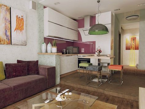 28-square-meter-apartment Tiny Mansion, Annex Ideas, Micro Apartments, Kitchen Colours, Kitchen Suite, Interesting Interiors, Colorful Apartment, Micro Apartment, Condo Interior