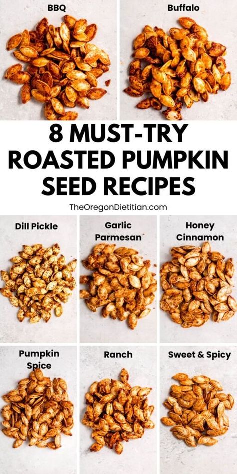 Want a healthy, crunchy snack this fall? You must try these deliciously crispy roasted pumpkin seeds! This easy step-by-step recipe with 8 different flavors shows you how to achieve that perfect golden crunch every time. Whether you're snacking or topping your salads, these roasted pumpkin seeds are a must-try fall favorite! #fallsnacks #roastedpumpkinseeds Best Ever Roasted Pumpkin Seeds, Pumpkin Seeds Roasted Recipes, Pumpkin Seed Roasting Recipe, Roasted Pumpkin Seeds Sweet, Different Flavors Of Pumpkin Seeds, Flavored Pumpkin Seed Recipes, Spiced Pumpkin Seeds Recipe, Seasoned Pumpkin Seeds Recipes, Homemade Roasted Pumpkin Seeds