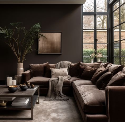 brown interior trend 2024 Coloured Sofas Living Rooms, Brown And Rust Living Room Decor, Brown And Black Decor Living Room, Dark Brown Moody Living Room, Neutral Living Room Brown Sofa, Dark Wall Interior, Espresso Decor Ideas, Brown Couch Interior Design, Different Types Of Living Room Styles