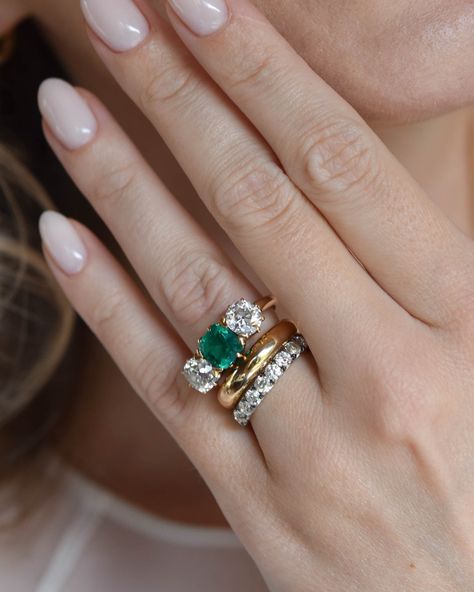 Wedding Bands To Go With 3 Stone Ring, Antique Ring Stack, Unique Stacking Rings, Three Stone Emerald Ring, Old Diamonds New Setting, Vintage Emerald Ring With Center Stone, 90s Engagement Ring, Three Stone Ring With Wedding Band, Antique Emerald Ring With Center Stone