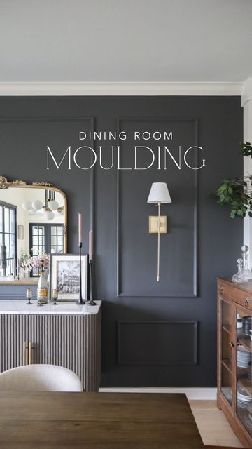 Moulding Accent Wall Dining Room, Moody Gray Dining Room, Contemporary Traditional Dining Room, Dining Room Wall Trim Design, Moulding In Dining Room, Paneled Accent Wall Dining Room, Sw Peppercorn Dining Room, Box Molding On Walls With Windows, Dark Board And Batten Wall Dining Room