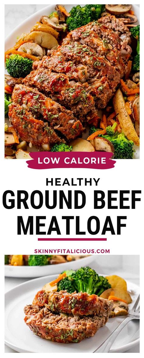 Healthy 1 pound Ground Beef Meatloaf high in protein! High Protein Dinner With Ground Beef, Healthy Meatloaf Recipe, Heart Healthy Dinner Recipes For Family, 30g Protein Dinner, Healthy Dinners With Ground Turkey, Low Cal Meatloaf, Healthy Beef Meatloaf, Low Calorie Ground Beef Meal Prep, Healthy High Protein Ground Beef Recipes