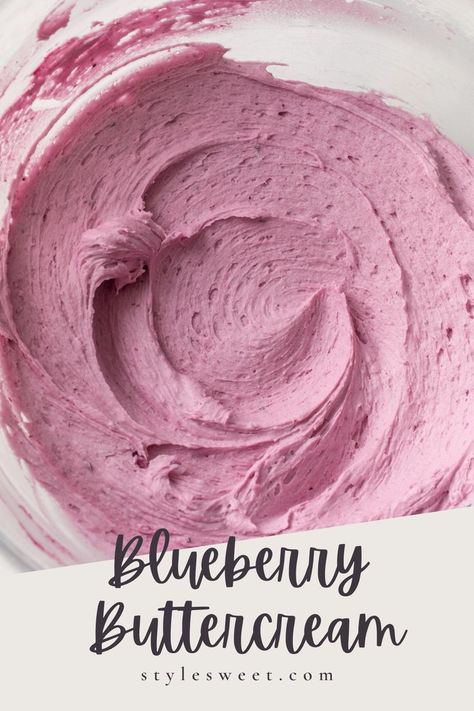 A close-up of a swirl of blueberry buttercream Blueberry Frosting Buttercream, Blueberry Frosting Recipe, Blueberry Buttercream Frosting, Blueberry Buttercream, Whipped Buttercream Frosting, Blueberry Frosting, Lemon Blueberry Bundt Cake, Whipped Buttercream, Cute Farm Animals