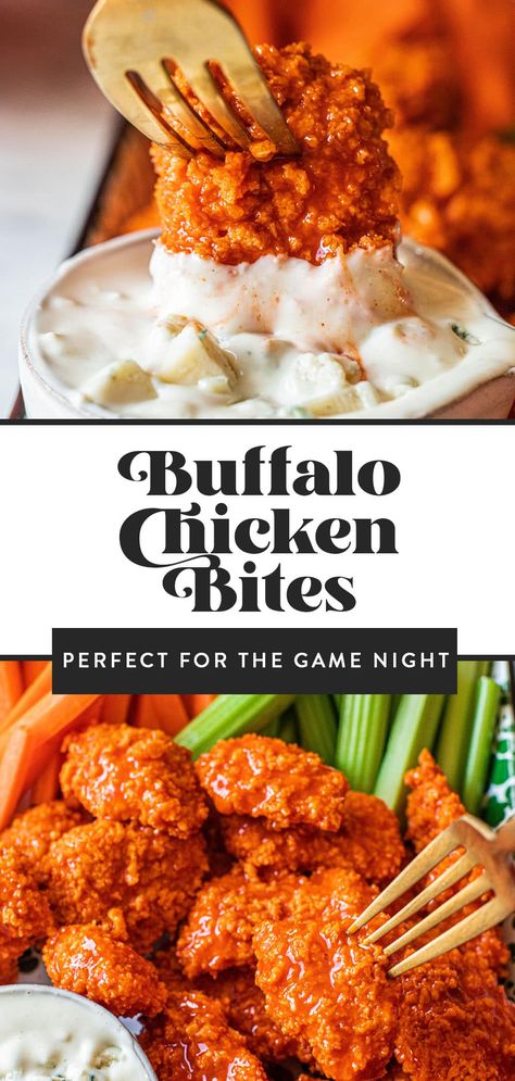 Buffalo Chicken Bites Baked, Chicken Bites Appetizers, Boneless Buffalo Wings, Super Easy Appetizers, Buffalo Chicken Bites, Spicy Buffalo Chicken, Spicy Appetizers, Chicken Appetizers, Mini Pizzas