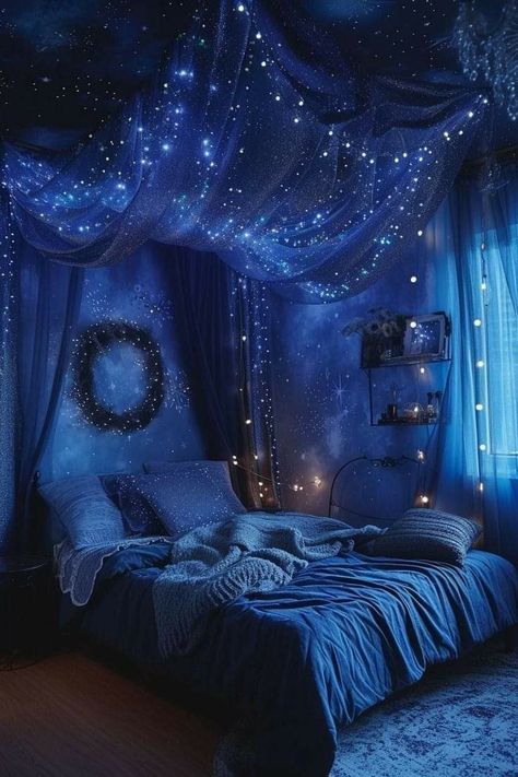 Dark Blue And White Bedroom, Sky Themed Bedroom, Goth Bedroom Ideas, Dark Blue Rooms, Goth Bedroom, Minimalistic Decor, Dream Bedroom Inspiration, Fantasy Bedroom, Comfortable Bedding