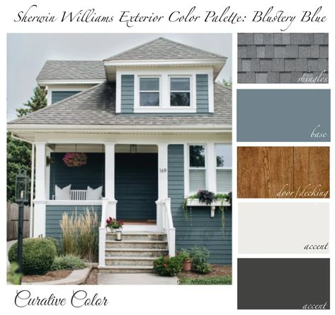 Blustery Blue SHERWIN WILLIAMS Exterior Color Palette - Etsy Turquoise Siding Exterior, Gray Blue Home Exterior, Blue Green Grey Exterior House Colors, Blustery Blue Sherwin Williams Exterior, Blue And White Exterior House Colors, Blue Gray House Exterior White Trim, Sw Blustery Sky Exterior, Sherwin Williams Blustery Sky Exterior, Blue House With Green Door