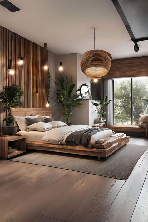 Earthy Bedroom Lighting, Earthy Tones Home Interior, Black And Brown Wood Bedroom, Wood And Plants Bedroom, Warm Tone Interior Design, Peaceful Master Bedrooms Decor, Wood Accent Bedroom, Warm Wood Bedroom, Earthy Luxury Bedroom