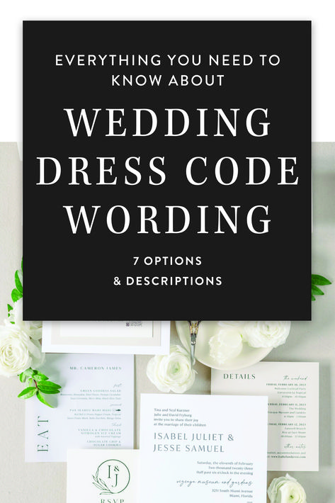 Providing suggested attire will help ensure guests dress appropriately for your big day based on your venue, location, weather, theme and formality. Guests will also appreciate the guidance so they don't show up too casual or too dressy – no one wants to feel like they're out of place! Wedding Attire Description, Wedding Guests Dresscode, Wedding Guest Attire Request, Wedding Attire Invitation Wording Dress Codes, Wedding Invites Dress Code, Dress Code Wording For Invitation, Wedding Guest Dress Code Invitation, Wedding Dress Attire For Guest, Wedding Dress Code Guide Wording