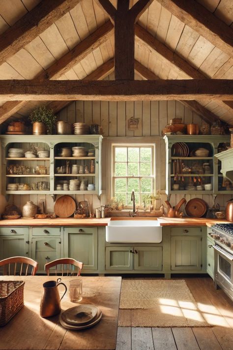 Large Country Kitchen Farmhouse Style, Vintage Kitchen Island With Sink, Cooper Farmhouse Sink, Old School Farmhouse Kitchen, Farmhouse Sink Green Cabinets, 1900 Farmhouse Kitchen, 1800s Farmhouse Kitchen, Vintage Farm Kitchen, Old Farmhouse Kitchen Rustic