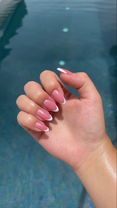 Milky Pink Nails With French Tip, Almond French Tip Nails Pink Base, Dark Pink French Nails, French Tip Nails Pink Base, French Tips Pink Base, French Manicure Pink Base, French Nails With Pink Base, French Nails Pink Base, French Tips With Pink Base