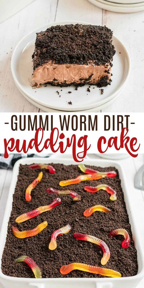 Dirt Cake Dessert - A whipped cream pudding cake topped with crushed Oreos and gummy worms. This easy no bake dessert is a kid favorite! Essen, Dirt Cake Dessert, Dirt Dessert Recipe, Chocolate Dirt Cake, Dirt Pudding Recipes, Worm Cake, Dirt Cake Recipe, Easter Dirt Cake, Oreo Dirt Cake