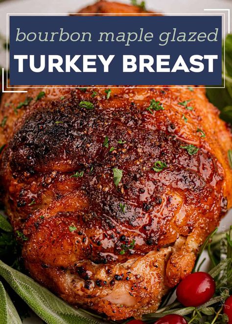 This boneless turkey breast is slathered in a sweet and savory bourbon maple glaze then roasted until crispy on the outside and moist and tender inside. Then it all comes together with a cider bourbon gravy that you'll want to pour on everything! Perfect for your Thanksgiving or other holiday dinners! Maple Turkey, Whole Roasted Turkey Recipes, Turkey Seasoning Thanksgiving, Different Ways To Cook A Turkey, Turkey Baste, Bbq Turkey Recipes, Glaze For Turkey, Healthy Thanksgiving Turkey, Roast Turkey Breast Recipes Boneless