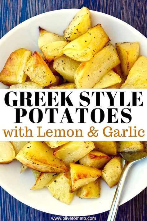 Greek style potatoes with garlic and lemon Greek Style Potatoes Lemon, Mediterranean Sides, Greek Side Dishes, Greek Style Potatoes, Greek Roasted Potatoes, Greek Lemon Potatoes, Greek Recipes Authentic, Macedonian Food, Greek Potatoes