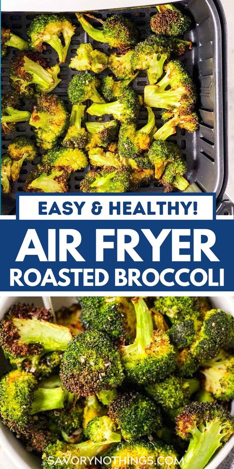 This Air Fryer Broccoli is incredibly easy to make and ready in just 15 minutes! It roasts perfectly and turns out so flavorful – a great, healthy side dish. | #airfryer #sidedishes #airfryerrecipes #easyrecipes #healthyrecipes Broccoli In Airfryer, Air Fryer Roasted Broccoli From Frozen, Baked Broccoli Air Fryer, Roasting Broccoli In Air Fryer, Roast Broccoli Air Fryer, Roasted Broccoli Recipes Air Fryer, Oven Roasted Broccoli From Frozen, Air Fryer Recipes Broccoli, Air Fryer Broccoli Fresh