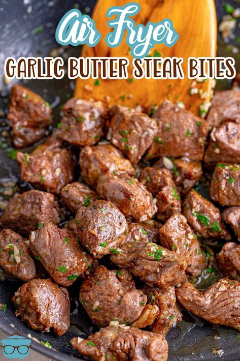 Easy Steak Recipe, Air Fry Steak, Garlic Butter Steak Bites, Butter Steak Bites, Air Fryer Garlic, Steak Bites Recipe, Garlic Steak, Carnivore Recipes, Air Fryer Steak