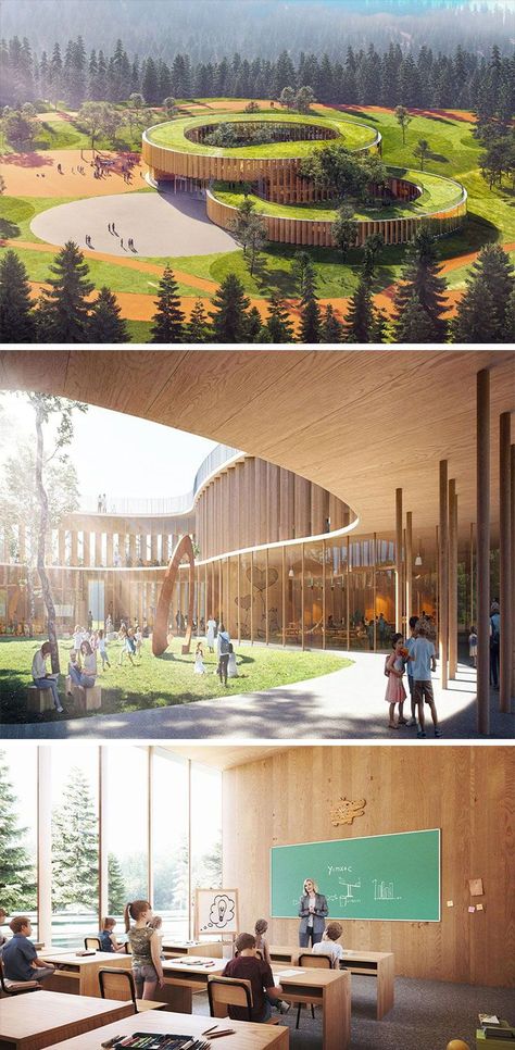 Unique School Buildings, Best School Design Architecture, Outdoor School Spaces Architecture, Building Around Trees Architecture, Innovative School Design Architecture, Organic School Architecture, Architecture With Trees, Elementary School Architecture Concept, Nature School Architecture