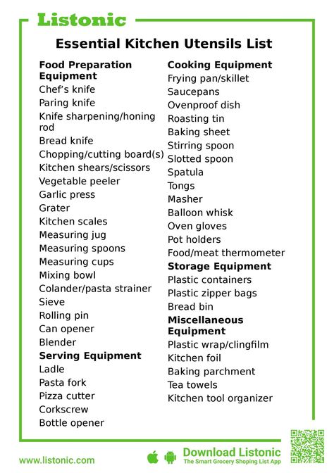 If you're moving house or buying a new home, make sure your kitchen is kitted out with all the most crucial equipment with this essential kitchen utensils list. All Kitchen Utensils, List Of Kitchen Items, Essential House Items, Essential Kitchen Items List, Essential Kitchen Utensils List, List Of Kitchen Utensils, Essential Household Items List, List Of Household Items For New House, Tools And Equipment In Cooking