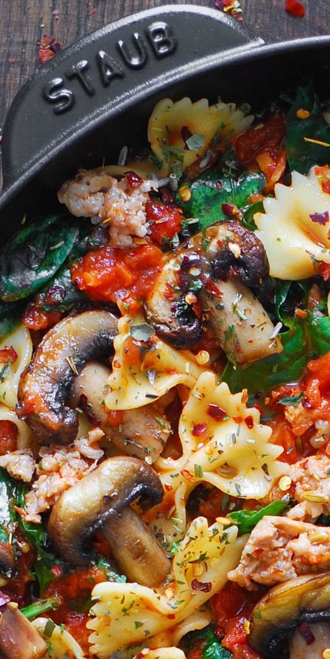 Italian Sausage Pasta with Spinach, Mushrooms, and Tomato Sauce Sausage Pasta With Spinach, Recipes Using Italian Sausage, Italian Sausage Recipes Pasta, Sausage Recipes For Dinner, Pasta With Spinach, Sausage Dinner, Sausage Pasta Recipes, Italian Sausage Pasta, Italian Sausage Recipes