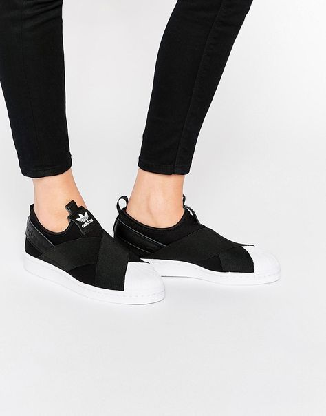 Image 1 of adidas Orginals Black Superstar Slip On Sneakers Adidas Slip On Outfit, Slip On Outfit, Superstar Adidas, Black Superstar, Adidas Slip, Mens Sport Sneakers, Sneaker Outfits, Slip On Trainers, Adidas Originals Superstar