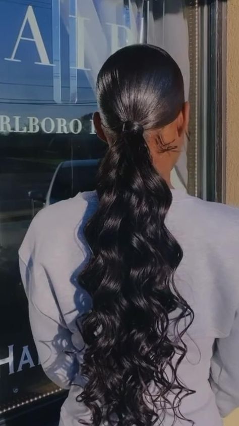 Bridesmaids Hairstyles Low Pony, Low Side Ponytail Black Women, Slick Ponytail For Prom, Slick Back Low Curly Ponytail, Body Wave Low Ponytail, High Top Bun Hairstyles For Black Women, Low Pony Hairstyles Black Weave, Wedding Slick Ponytail, Fake Ponytails For Black Women