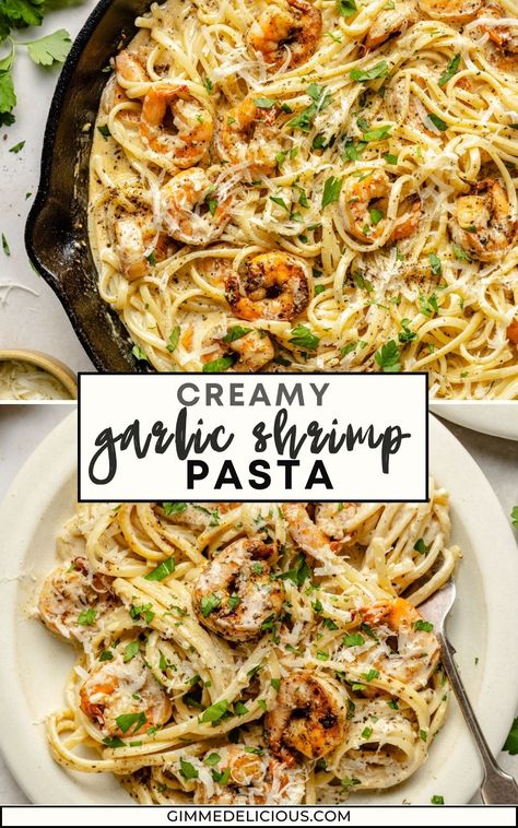 Garlic Shrimp Pasta is easy to make with just a handful of ingredients, and can be on the dinner table in less than 30 minutes! A simple parmesan cheese cream sauce is stirred together, and then tossed with seasoned pan-fried shrimp and linguine noodles. It’s an insanely delicious meal and sure to become a new family favorite! Easy Meal With Shrimp, Super Yummy Dinner Ideas, Creamy Bacon Shrimp Linguine, Garlic Parm Shrimp Pasta, Noodles And Shrimp Recipes, Easy Quick Shrimp Dinners, Ideas For Shrimp Easy Dinners, Grilled Shrimp Pasta Recipes, Creamy Garlic Shrimp Linguine Recipe