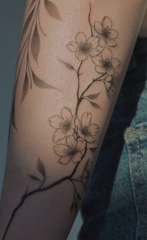 Cheery Blossoms Tattoo Black And White, Apple Blossom Branch Tattoo, Greek Flower Tattoo, Cherry Blossom Tattoo Wrap Around Arm, Cherry Blossom Flowers Tattoo, Cool Line Work Tattoos, Cherry Blossom Line Tattoo, Cherry Blossom Tattoo Simple, Cherry Blossom Vine Tattoo