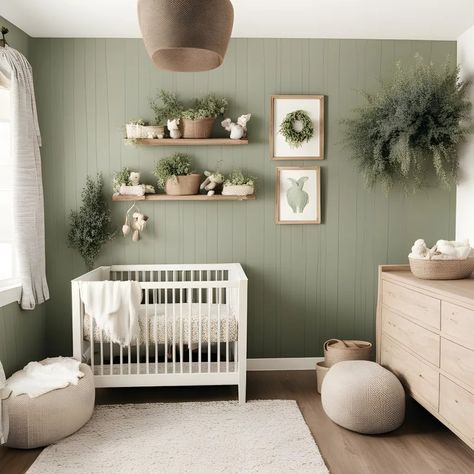 Light Green Nursery Ideas, Green Painted Nursery, Nursery Ideas Green Accent Wall, Wood And Green Nursery, Muted Blue Nursery, Green Boy Nursery Ideas, Sage Green Accent Wall Nursery, Light Green Nursery Girl, Evergreen Fog Nursery