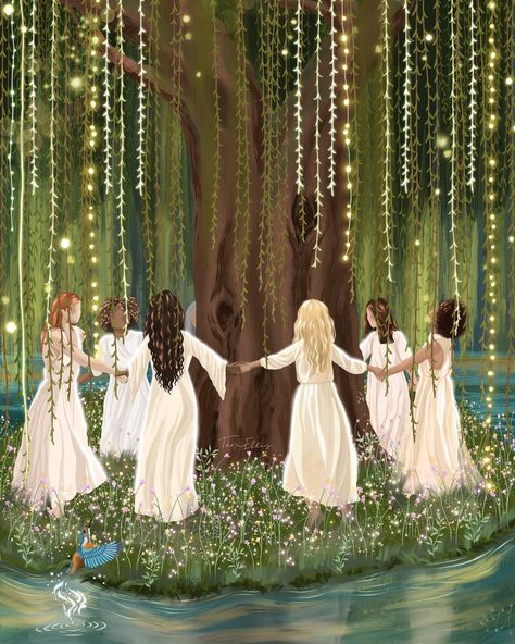 ‘Dancing Willow’ 💚✨ The weeping willow, natures veil for a circle of dancing women, celebrating the wonders of life. Channelling the feeling and energy of summer. 🌞🌼🌱 Find prints via link in bio. #womenscircle #willowtree #spiritualart #healingart #naturehealing #connection #friendship #femalempowerment #mothernature #pachamama #summer Connections And Relationships Art, Women Circle Ideas, Circle Dancing, Woman Friendship, Circle Of Women, Woman Relationship, Womens Circle, Circle Dance, Friendship Circle