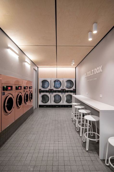 Laundry Cafe Interior Design, Laundrymat Design Ideas, Cute Laundromat Ideas, Small Laundromat Design, Laundrette Design, Cafe Laundromat, Laundry Shop Design Ideas, Laundry Room Wallpaper Accent Wall, Laundry Store Design Ideas