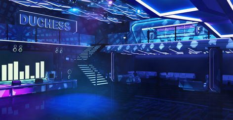 Nightclub "Duchess", ~ RaseL on ArtStation at https://www.artstation.com/artwork/gz6GE Nightclub Background, Backgrounds Gacha, Club Design Interior, Club Building, Disco Background, Anime Club, Episode Interactive Backgrounds, Nightclub Design, Episode Backgrounds