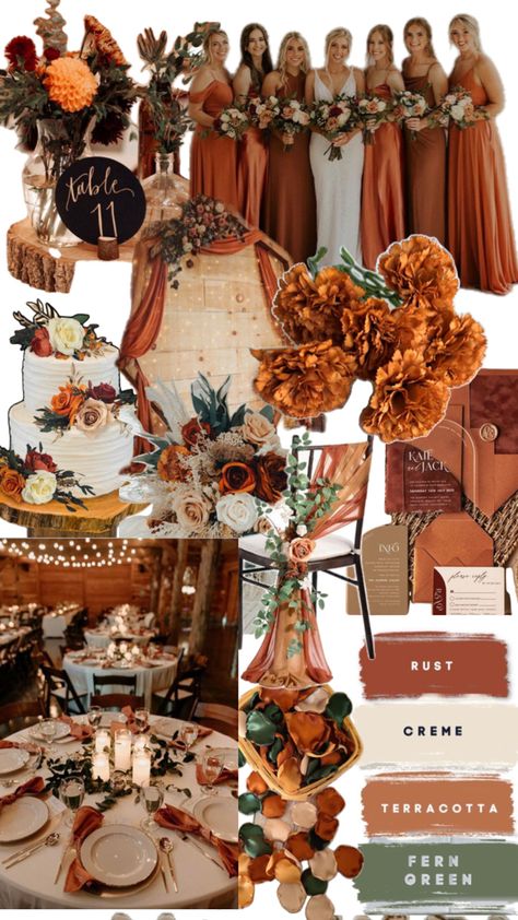 Vintage Nature Wedding Theme, Autumn Color Scheme Wedding, Rusty Red Wedding Color Schemes, Burnt Orange Weddings Color Pallet, Rustic Wedding Orange, Boho Wedding Burnt Orange, Terracotta Getting Ready Outfits, Amber Color Wedding, Brown Wedding Inspiration