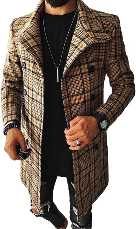 BIVENANT Plaid Pea Coats for Mens Plaid Graphic Single Breasted Slim Fit Trench Coat Retro Color Block Lapel Collar Formal Jacket Overcoat with Pockets at Amazon Men’s Clothing store Plaid Texture, Plaid Trench Coat, Men Coats, Same Picture, Check Coat, Long Sleeve Coat, Traje Casual, Sweatpants Set, Latest Mens Fashion