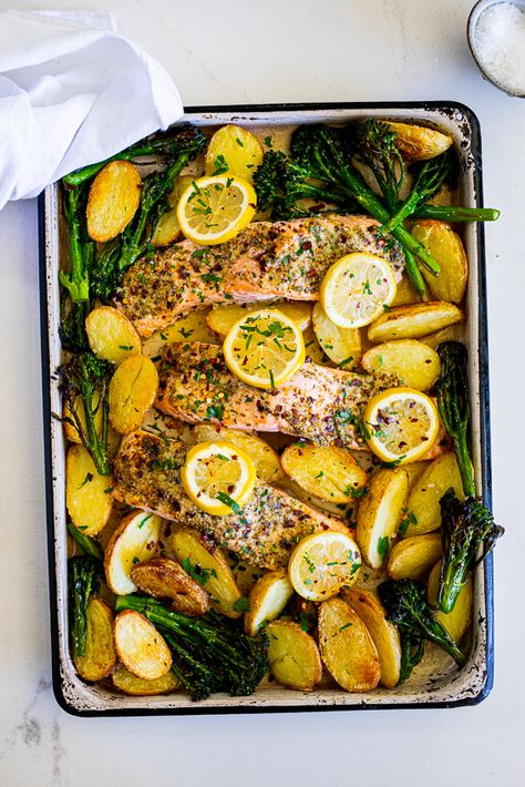 Salmon And Lemon Recipes, Sheet Tray Meals, Sheet Pan Fish Recipes, One Sheet Pan Meals Salmon, Fish Tray Bake Recipes, Salmon Recipes One Pan, Salmon Baked Potato, Fish Sheet Pan Recipes, Sheet Pan Salmon And Potatoes