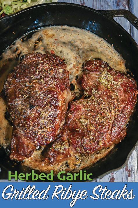 The last Grilled Ribeye Steaks recipe you'll ever need! The steaks start out on the grill and finish in a cast-iron pan, basted in herbed garlic butter. All under 10 minutes! Rob Eye Steak Recipes, Rib Eye Steak Recipes Cast Iron, Cast Iron Steak Recipes, Ribeye Steak Recipes Cast Iron, Iron Steak Recipes, Montreal Steak Seasoning Recipe, Dinner Date Recipes, Season Steak Recipes, Cast Iron Steak