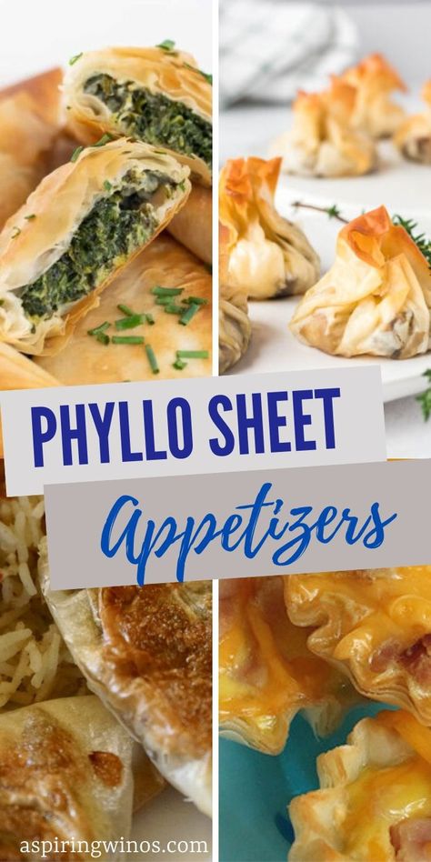 Unique Phyllo Sheet Appetizer Ideas for Wine Tastings | Wine Tasting Food Ideas | Wine and Appetizer Combos | Wine Tasting Ideas | Phyllo Sheet Appetizers #WineTastingParty #Wine #AppetizerIdeas #PhylloSheet #Appetizers #UniqueFoods Wine Tasting Appetizers Finger Foods, Phyllo Sheet Appetizers, Wine Tasting Snacks Appetizers, Wine Tasting Food Ideas, Winery Snacks Finger Foods, Appetizer With Phyllo Shells, Wine Tasting Ideas, Wine Tasting Appetizers, Goat Cheese Phyllo Cigars